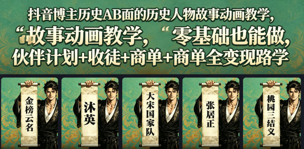抖音博主历史AB面的历史人物故事动画教学，零基础也能做，伙伴计划+收徒+商单全变现路径教学-项目汇