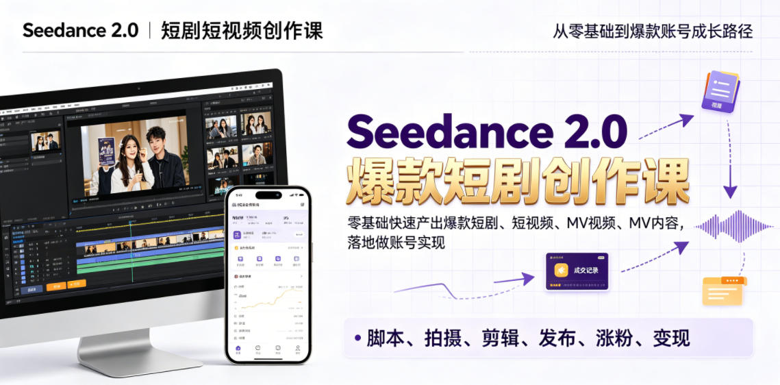 Seedance 2.0短剧短视频创作课,零基础快速产出爆款短剧、短视频、MV内容,落地做账号实现变现-项目汇