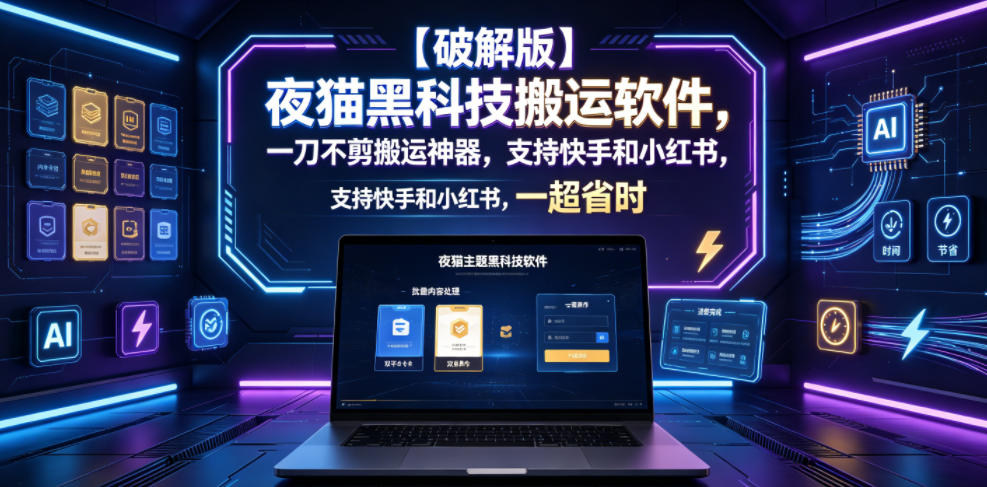 【破解版】夜猫黑科技搬运软件，一刀不剪搬运神器，支持快手和小红书，一键搬运超省时！-项目汇
