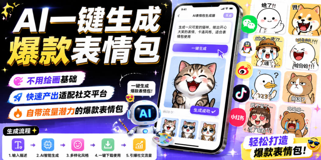 AI一键生成爆款表情包,不用绘画基础,快速产出适配社交平台,自带流量潜力的爆款表情包-项目汇