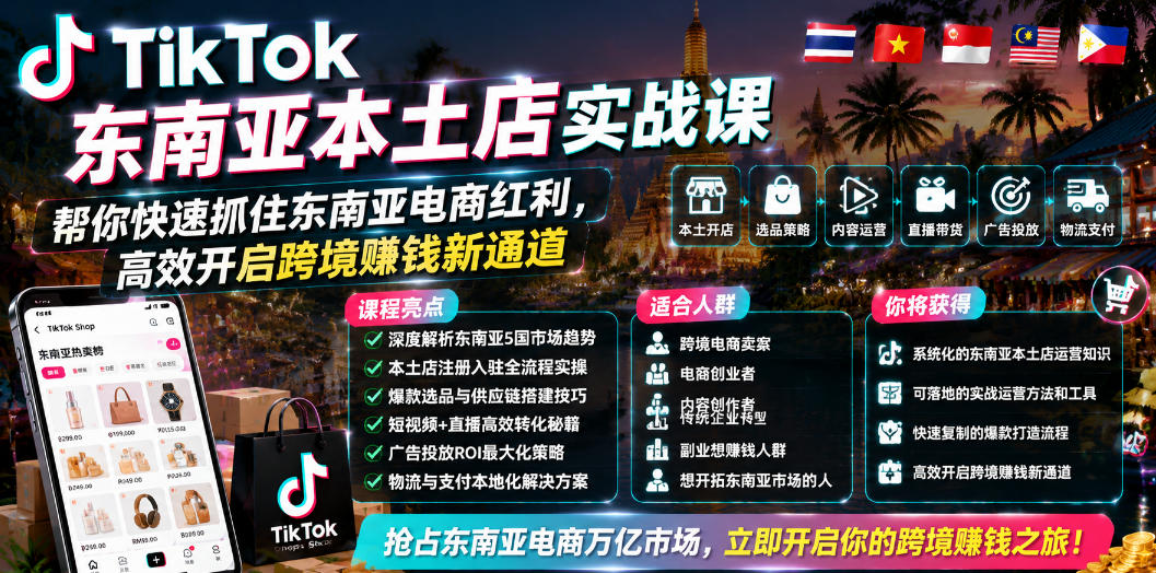 TikTok东南亚本土店实战课,帮你快速抓住东南亚电商红利,高效开启跨境賺钱新通道-项目汇