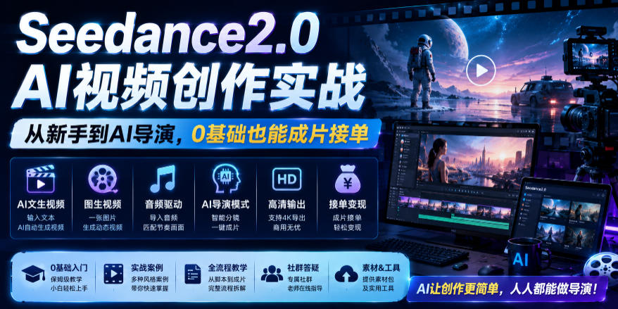 Seedance2.0 AI视频创作实战,从新手到AI导演,0基础也能成片接单变现-项目汇