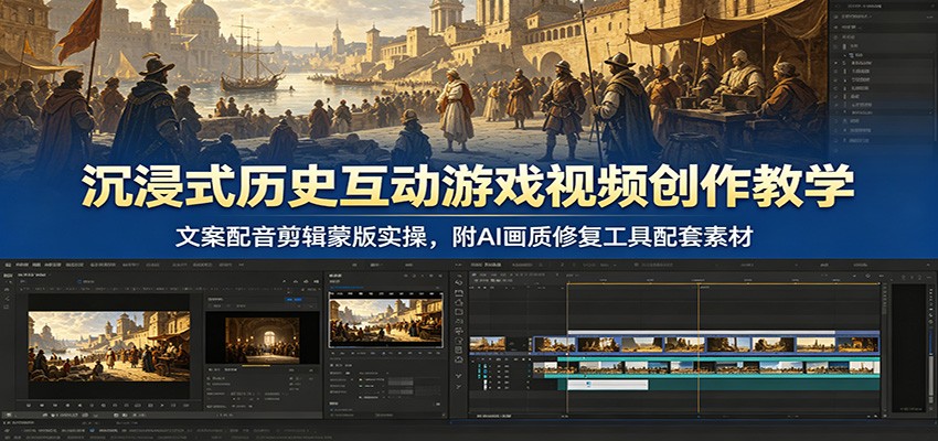 沉浸式历史互动游戏视频创作教学：文案配音剪辑蒙版实操，附AI画质修复工具配套素材-项目汇