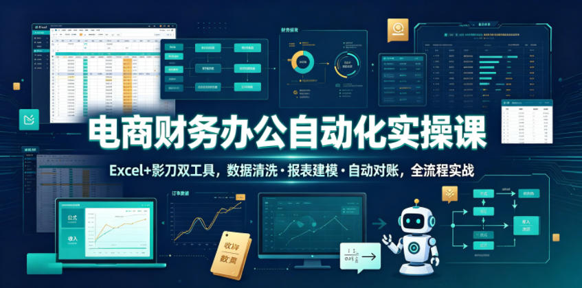 电商财务办公自动化实操课,Excel+影刀双工具,数据清洗・报表建模・自动对账,全流程实战-项目汇