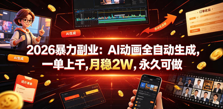 2026暴力副业：AI动画全自动生成，一单上千，月稳2W，永久可做【揭秘】-项目汇