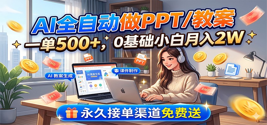 AI全自动做PPT/教案，一单500+，0基础小白月入2W，永久接单渠道免费送-项目汇