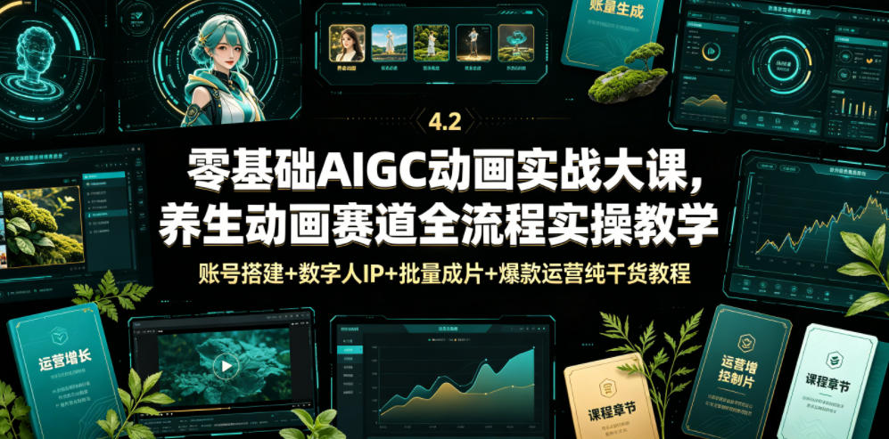 零基础AIGC动画实战大课，养生动画赛道全流程实操教学，账号搭建+数字人IP+批量成片+爆款运营纯干货教程-项目汇