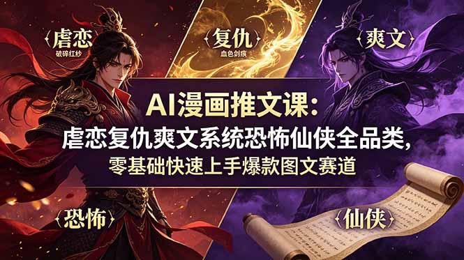 AI漫画推文课：虐恋复仇爽文系统恐怖仙侠全品类，零基础快速上手爆款图文赛道-项目汇