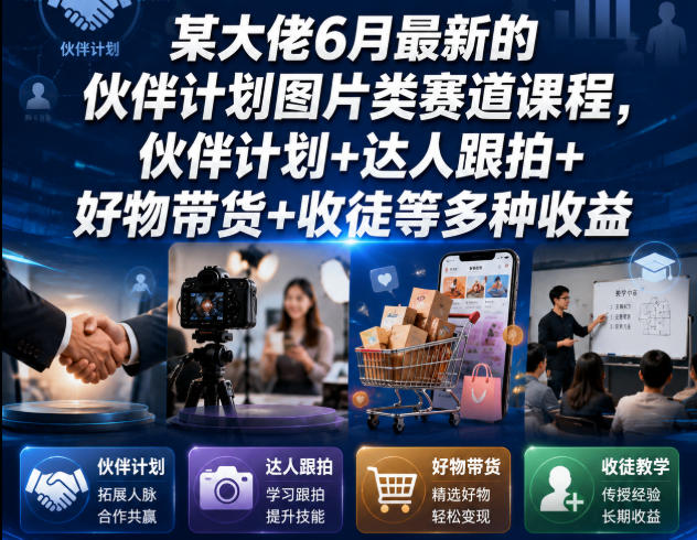 某大佬6月最新的伙伴计划图片类赛道课程，伙伴计划+达人跟拍+好物带货+收徒等多种收益-项目汇