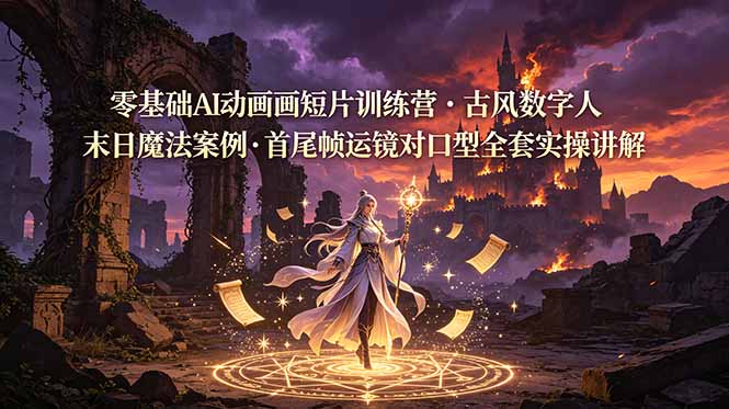 零基础AI动画短片训练营，古风数字人末日魔法案例，首尾帧运镜对口型全套实操讲解-项目汇