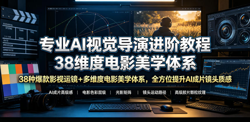专业AI视觉导演进阶教程，38种爆款影视运镜+多维度电影美学体系，全方位提升AI成片高级感与镜头质感-项目汇