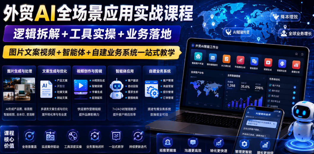 外贸AI全场景应用实战课程｜逻辑拆解+工具实操+业务落地，图片文案视频+智能体+自建业务系统一站式教学-项目汇