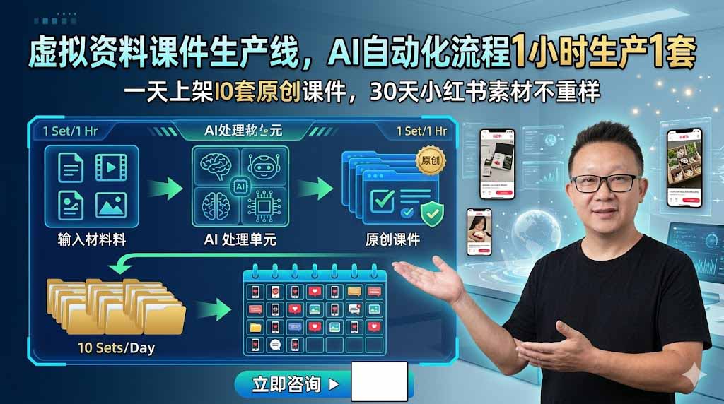 虚拟资料课件生产线，AI自动化流程1小时生产1套，一天上架10套原创课件，30天小红书素材不重样-项目汇