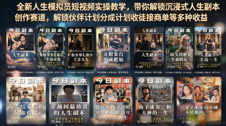 全新人生模拟员短视频实操教学，带你解锁沉浸式人生副本创作赛道，解锁伙伴计划分成计划收徒接商单等多种收益-项目汇