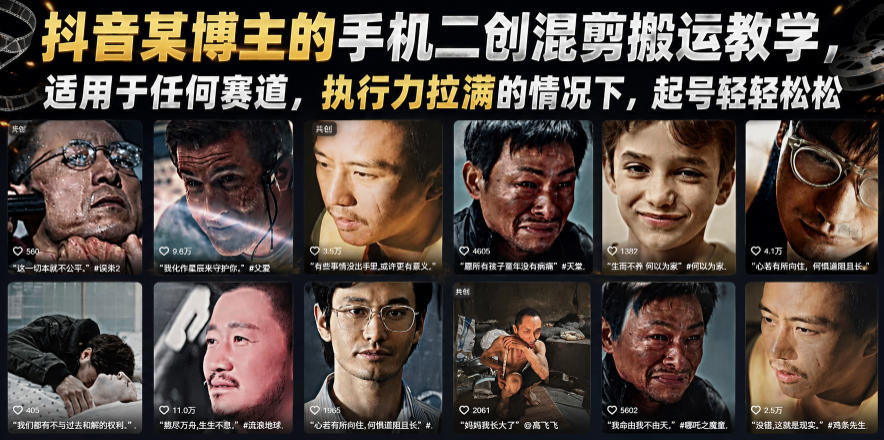 抖音某博主的手机二创混剪搬运教学，适用于任何赛道，执行力拉满的情况下，起号轻轻松松-项目汇