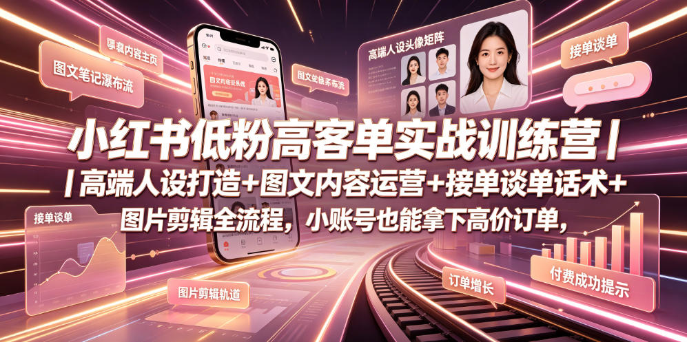 小红书低粉高客单实战训练营｜高端人设打造+图文内容运营+接单谈单话术+图片剪辑全流程，小账号也能拿下高价订单-项目汇