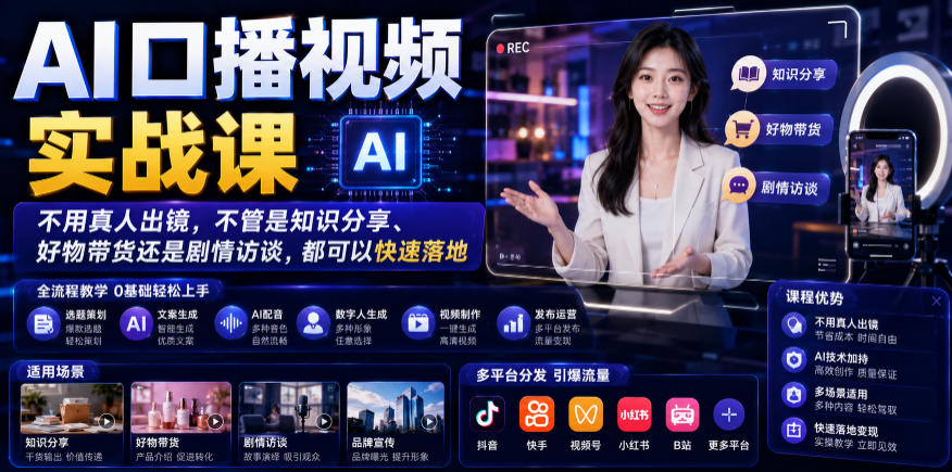 AI口播视频实战课，不用真人出镜，不管是知识分享、好物带货还是剧情访谈，都可以快速落地-项目汇