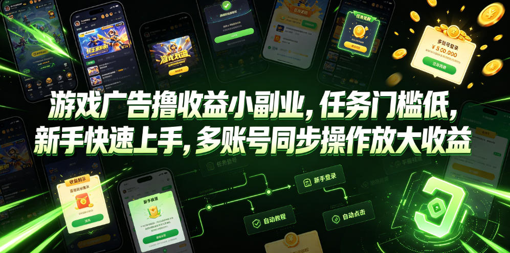游戏广告撸收益小副业，任务门槛低，新手快速上手，多账号同步操作放大收益-项目汇