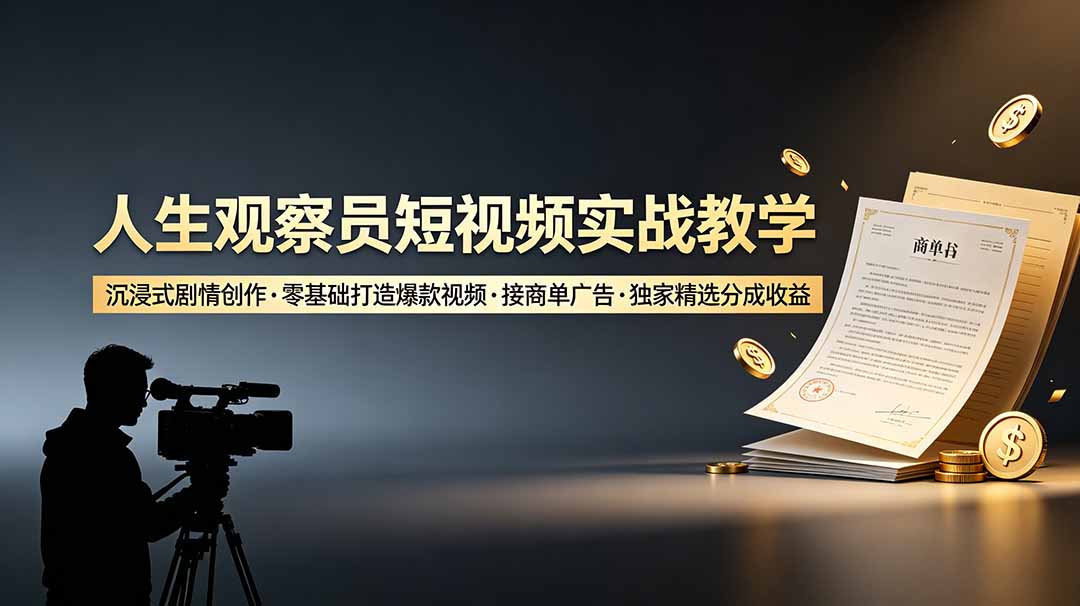 人生观察员短视频实战教学，沉浸式剧情创作，零基础打造爆款视频，接商单广告，独家精选分成收益-项目汇