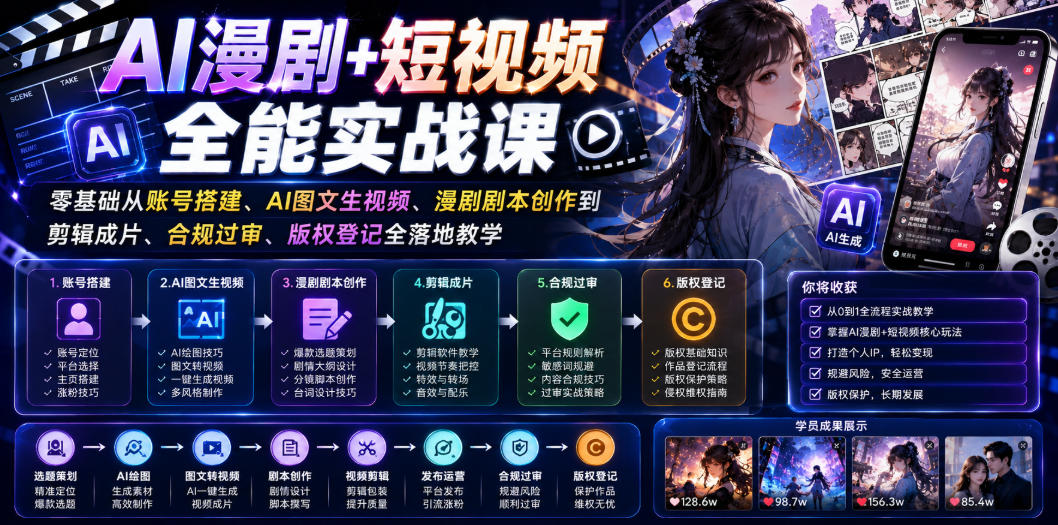 AI漫剧+短视频全能实战课｜零基础从账号搭建、AI图文生视频、漫剧剧本创作到剪辑成片、合规过审、版权登记全落地教学-项目汇