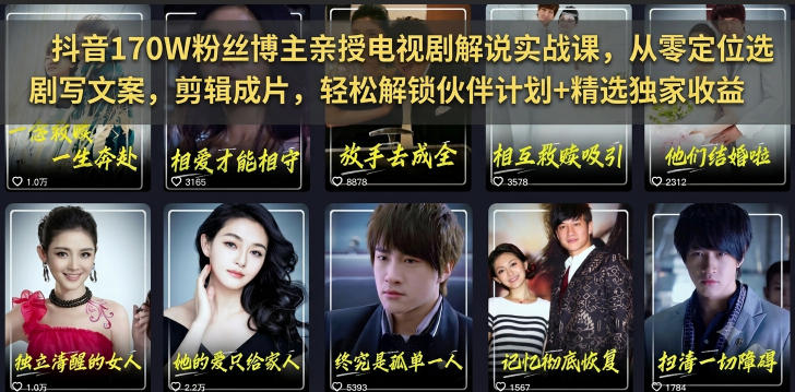 抖音170W粉丝博主亲授电视剧解说实战课，从零定位选剧写文案剪辑成片，轻松解锁伙伴计划+精选独家收益-项目汇