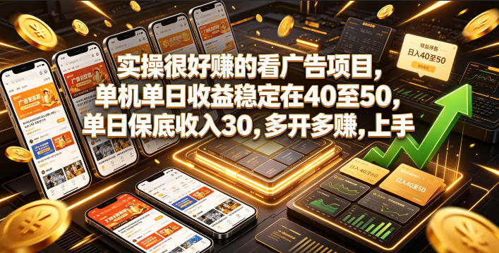 实操很好賺的看广告项目，单机单日收益稳定在40至50，单日保底收入30，多开多賺，上手就能变现【揭秘】-项目汇