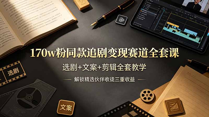 170w粉博主同款追剧变现赛道全套课，选剧+文案+剪辑全套教学，解锁精选伙伴收徒三重收益-项目汇