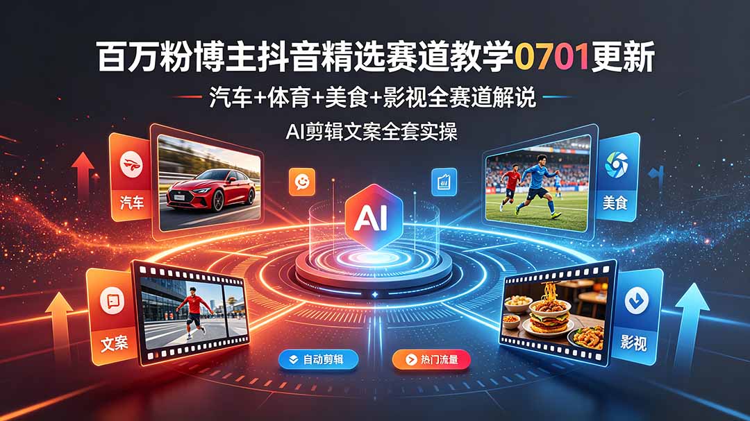百万粉博主抖音精选赛道教学-0701更新，汽车+体育+美食+影视全赛道解说，AI剪辑文案全套实操-项目汇