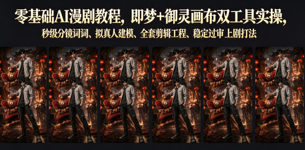 零基础AI漫剧教程,即梦+御灵画布双工具实操,秒级分镜提示词、拟真人建模、全套剪辑工程、稳定过审上剧打法-项目汇