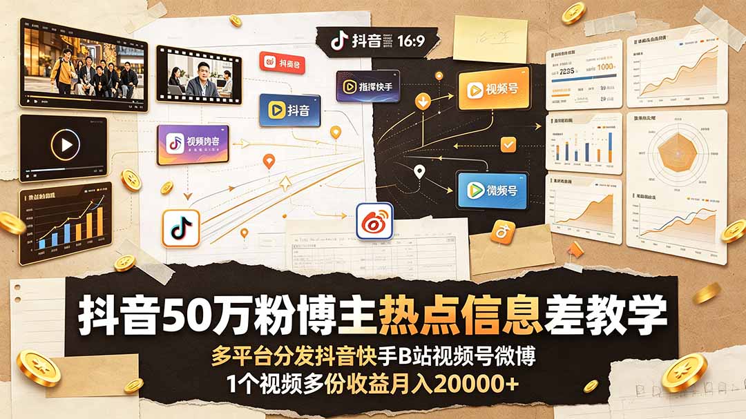 抖音50万粉博主热点信息差教学:多平台分发抖音快手B站视频号微博,1个视频多份收益月入20000+-项目汇