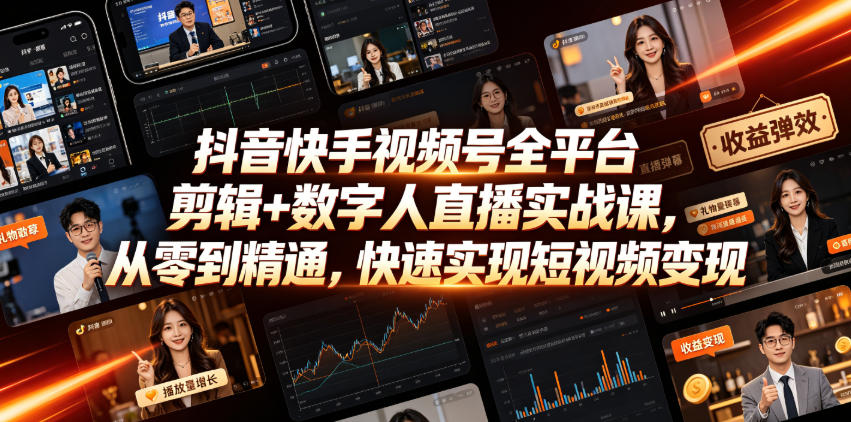 抖音快手视频号全平台剪辑+数字人直播实战课,从零到精通,快速实现短视频变现(更新2026年6月)-项目汇