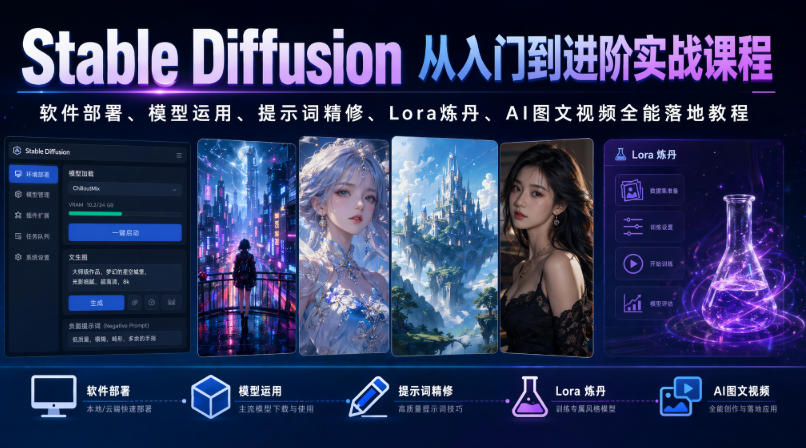 Stable Diffusion从入门到进阶实战课程｜软件部署、模型运用、提示词精修、Lora炼丹、AI图文视频全能落地教程-项目汇