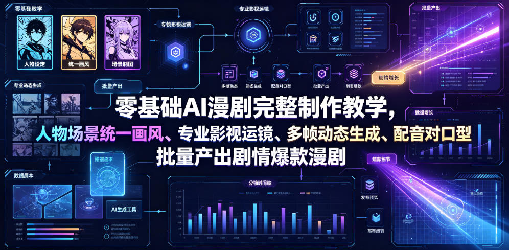 零基础AI漫剧完整制作教学，人物场景统一画风、专业影视运镜、多帧动态生成、配音对口型，批量产出剧情爆款漫剧-项目汇