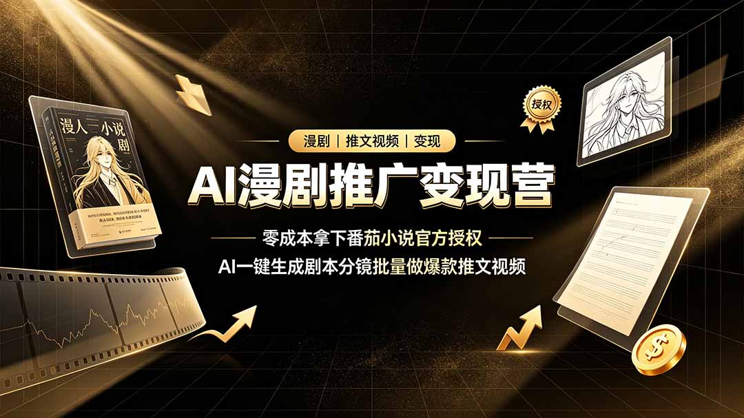 AI漫剧推广变现营，零成本拿下番茄小说官方授权，AI一键生成剧本分镜批量做爆款推文视频-项目汇