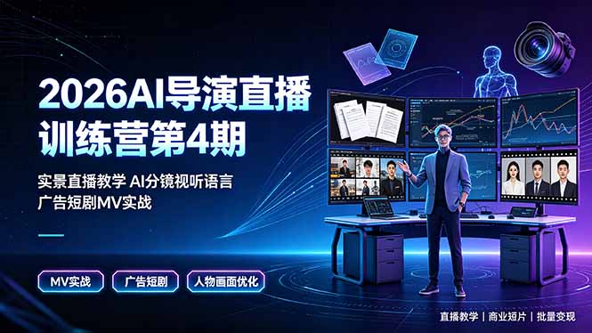 2026AI导演直播训练营第4期，实景直播教学AI分镜视听语言，广告短剧MV实战，解决人物画面崩坏痛点-项目汇