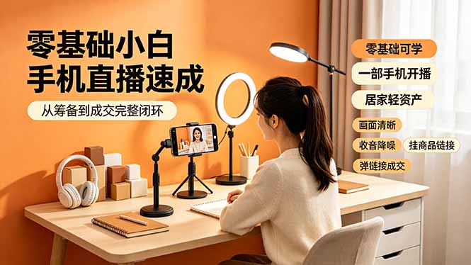 零基础小白手机直播速成，从筹备到成交完整闭环，适配苹果安卓系统，解决杂音卡顿留人难问题-项目汇