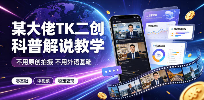 某大佬TK二创科普解说教学，不用原创拍摄不用外语基础，零基础做TikTok中视频稳定变现-项目汇