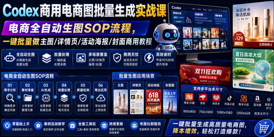 Codex商用电商图批量生成实战课｜电商全自动生图SOP流程，一键批量做主图/详情页/活动海报/封面商用教程-项目汇