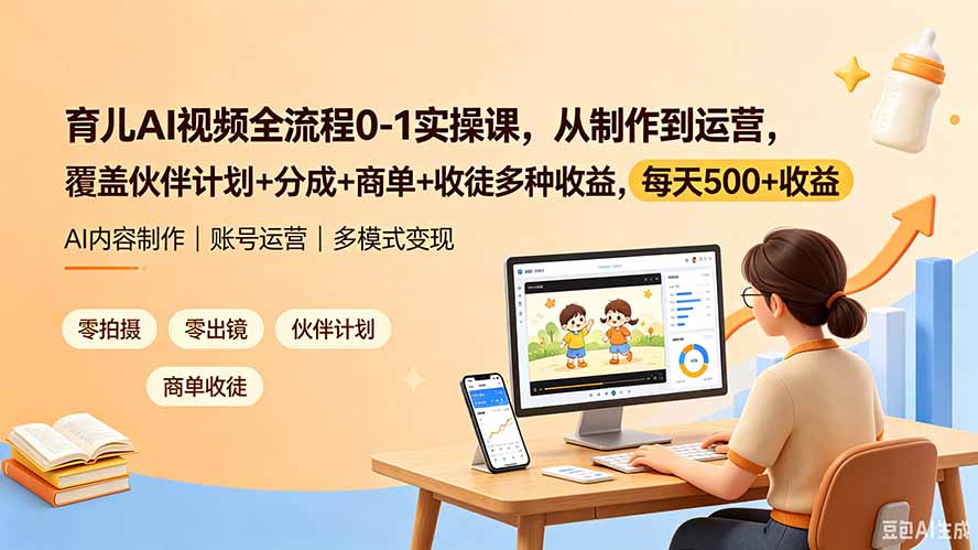 育儿AI视频全流程0-1实操课，从制作到运营，覆盖伙伴计划+分成+商单+收徒多种收益，每天500+收益-项目汇