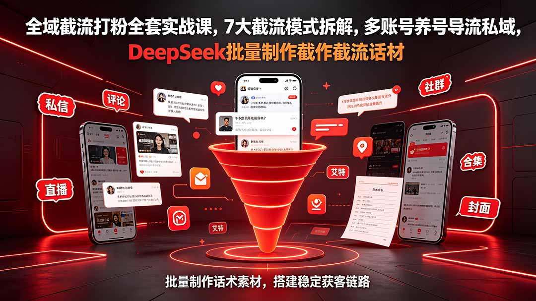全域截流打粉全套实战课,7大截流模式拆解,多账号养号导流私域,DeepSeek批量制作截流话术素材-项目汇