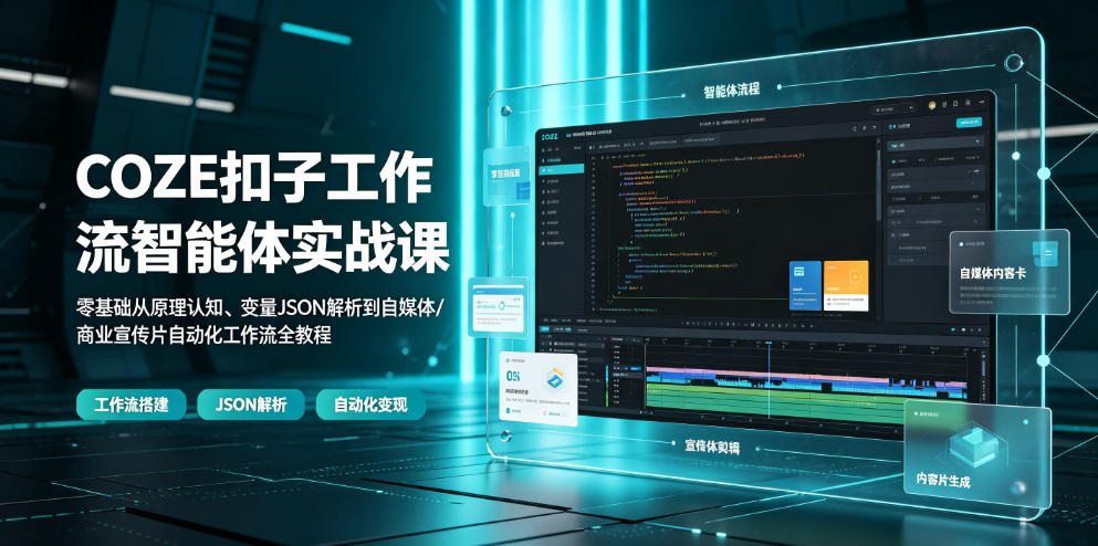 COZE扣子工作流智能体实战课|零基础从原理认知、变量JSON解析到自媒体/商业宣传片自动化工作流全教程-项目汇
