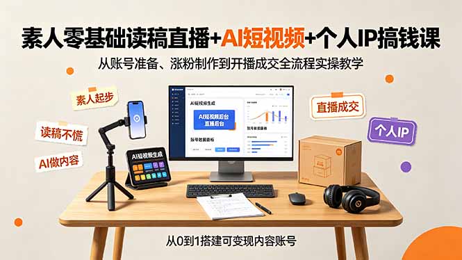 素人零基础读稿直播+AI短视频+个人IP搞钱课，从账号准备、涨粉制作到开播成交全流程实操教学-项目汇