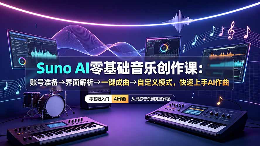 Suno AI零基础音乐创作课:账号准备→界面解析→一键成曲→自定义模式,快速上手AI作曲-项目汇