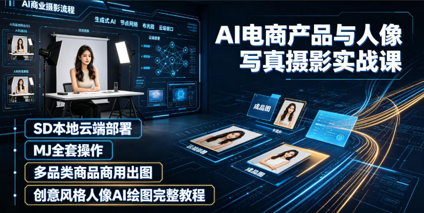 AI电商产品与人像写真摄影实战课|SD本地云端部署、MJ全套操作、多品类商品商用出图、创意风格人像AI绘图完整教程-项目汇