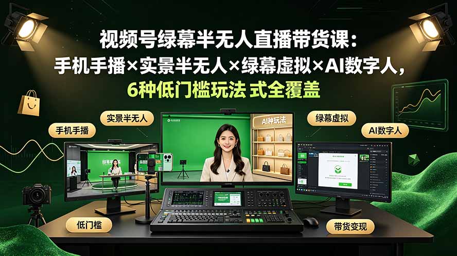 视频号绿幕半无人直播带货课：手机手播×实景半无人×绿幕虚拟×AI数字人，6种低门槛玩法全覆盖-项目汇