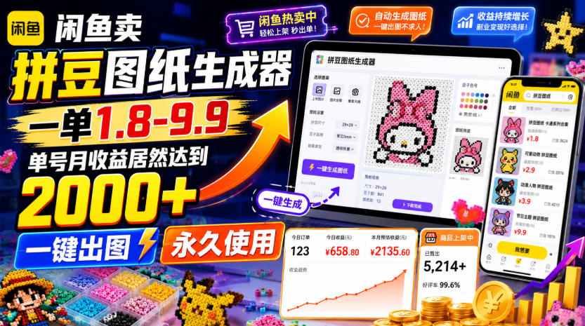 闲鱼卖拼豆图纸生成器,一单1.8-9.9,单号月收益居然达到2000+一键出图永久使用-项目汇