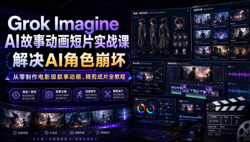 Grok Imagine AI故事动画短片实战课｜解决AI角色崩坏，从零制作电影级叙事动画、精剪成片全教程(中英字幕)-项目汇