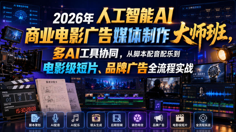 2026年人工智能AI商业电影广告媒体制作大师班，多AI工具协同，从脚本配音配乐到电影级短片、品牌广告全流程实战(中英字幕)-项目汇