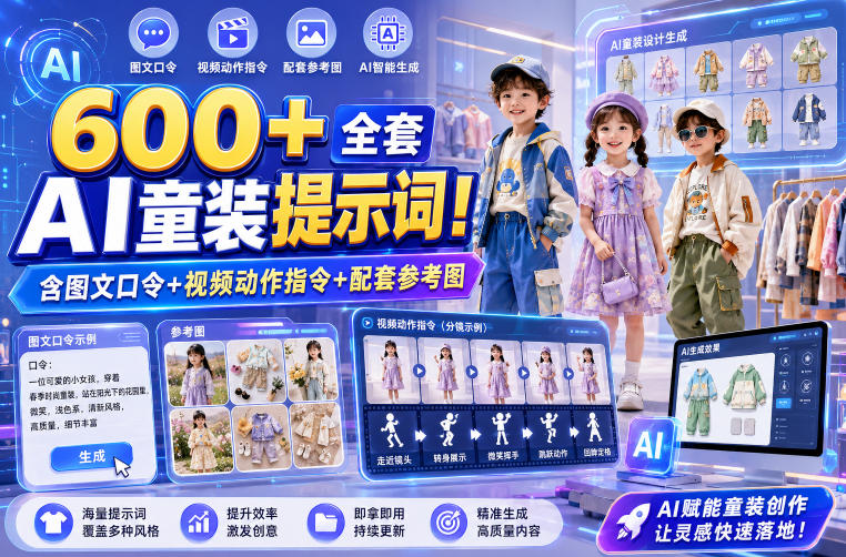 600+全套AI童装提示词！含图文口令+视频动作指令+配套参考图，Word-Excel规整分类，童装电商、种草无脑量产内容！-项目汇
