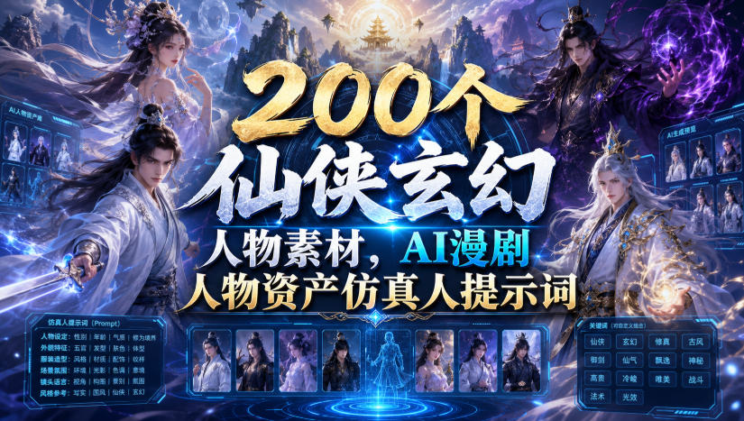 200个仙侠玄幻人物素材，AI漫剧人物资产仿真人提示词-项目汇